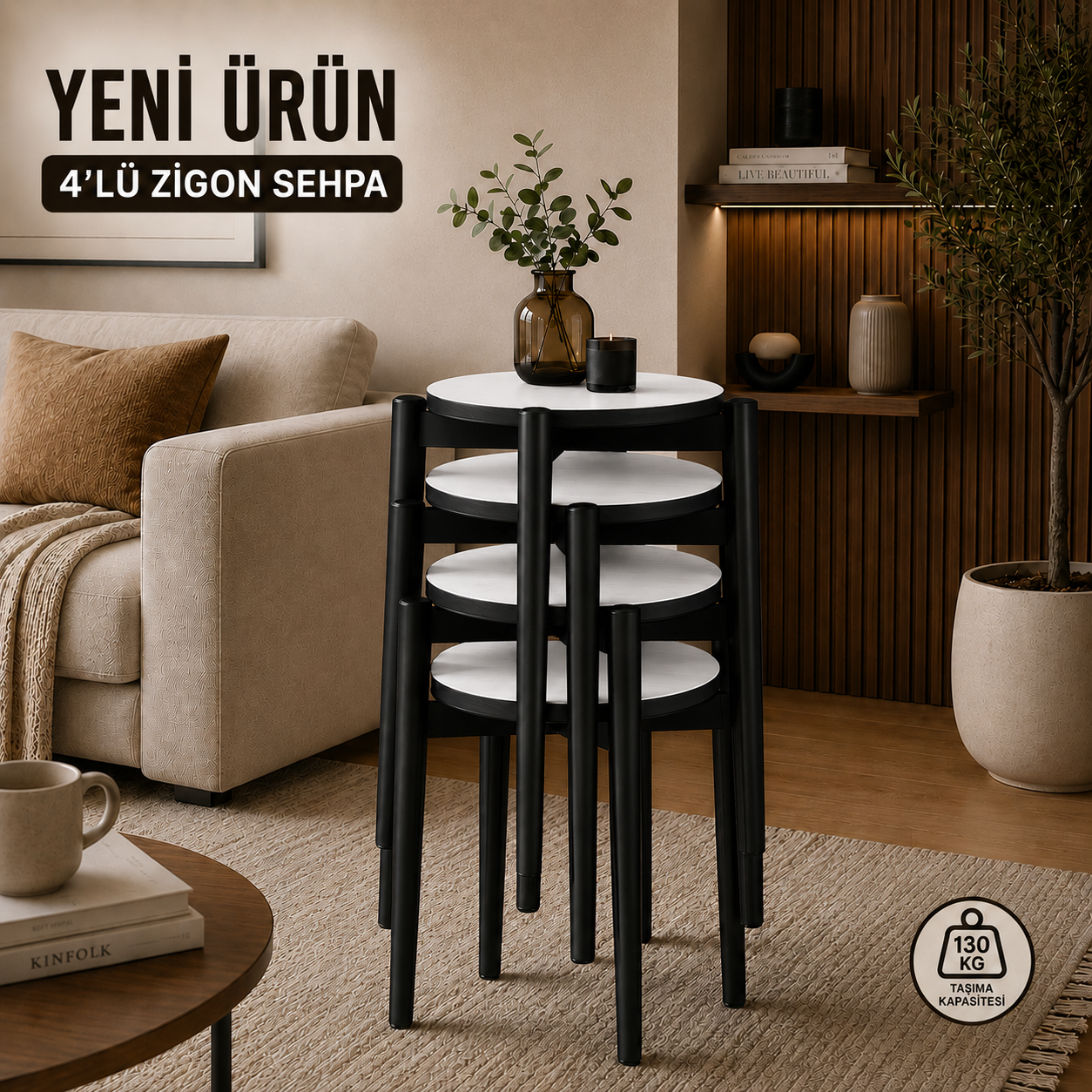 202B ROMA 4LÜ ZİGON SEHPA YAN SEHPA SERVİS SEHPASI SİYAH METAL AYAK - Görsel 1