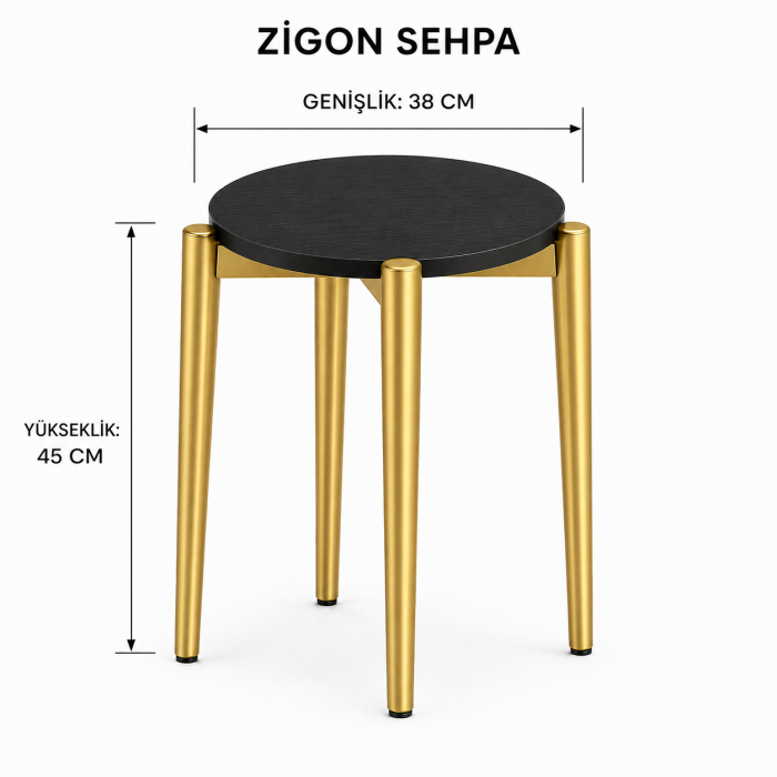 ROMA TEKLİ ZİGON SEHPA YAN SEHPA SERVİS SEHPASI SİYAH GOLD AYAK - Görsel 2