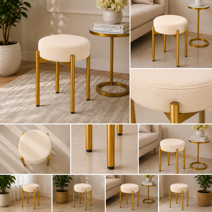CEMRE TEKLİ PUF TABURE BENCH MAKYAJ SANDALYESİ GOLD AYAK - Görsel 2