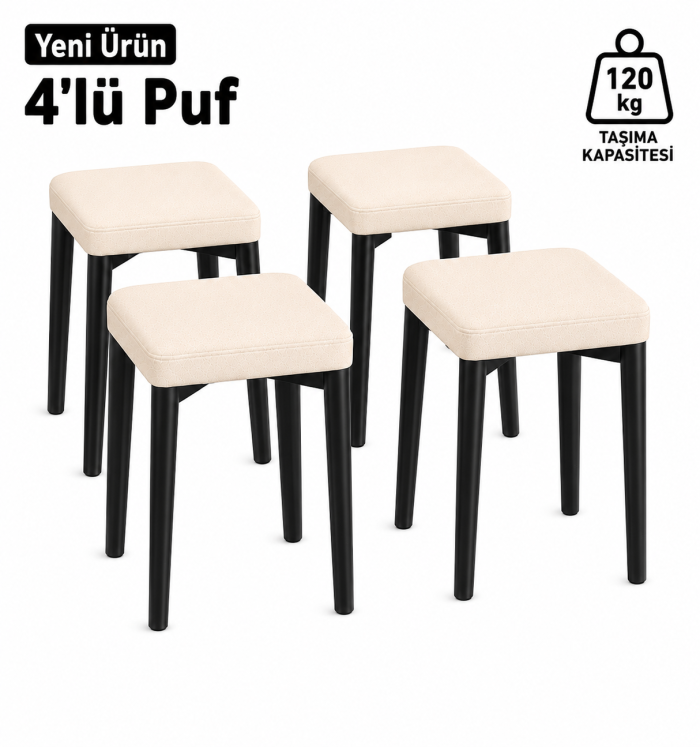 KARE 4LÜ PUF TAKIMI TABURE BENCH MAKYAJ SANDALYESİ SİYAH AYAK - Görsel 2