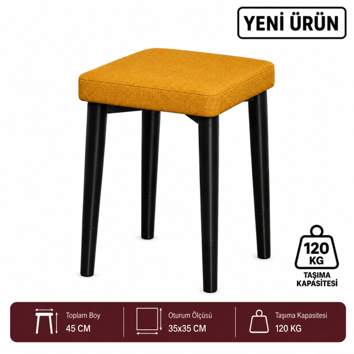 KARE 4LÜ PUF TAKIMI TABURE BENCH MAKYAJ SANDALYESİ SİYAH AYAK - Görsel 3
